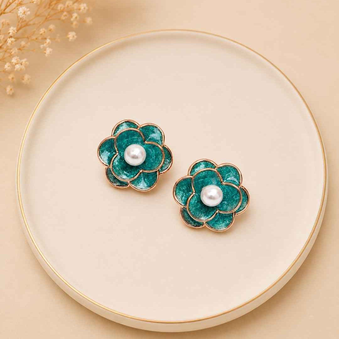 Teal Camellia Silver 925 Earrings