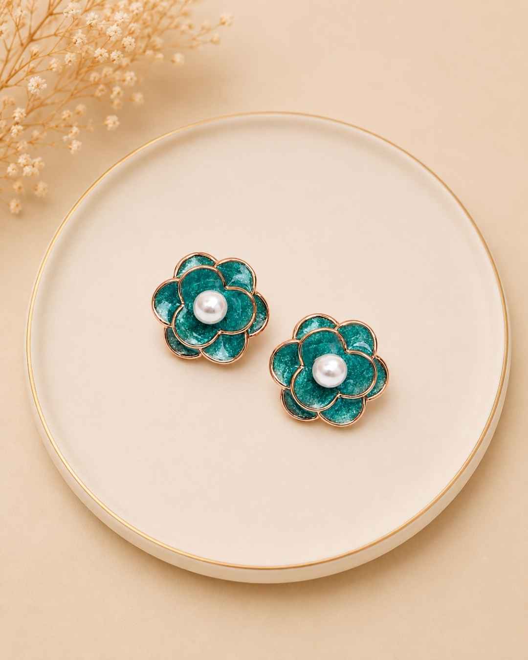 Teal Camellia Silver 925 Earrings