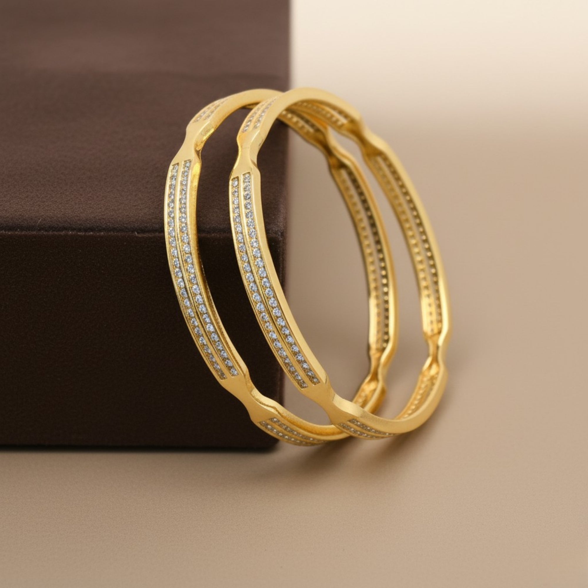 Navira Triple-Line CZ Silver 925 Bangle Pair (Gold-Plated)