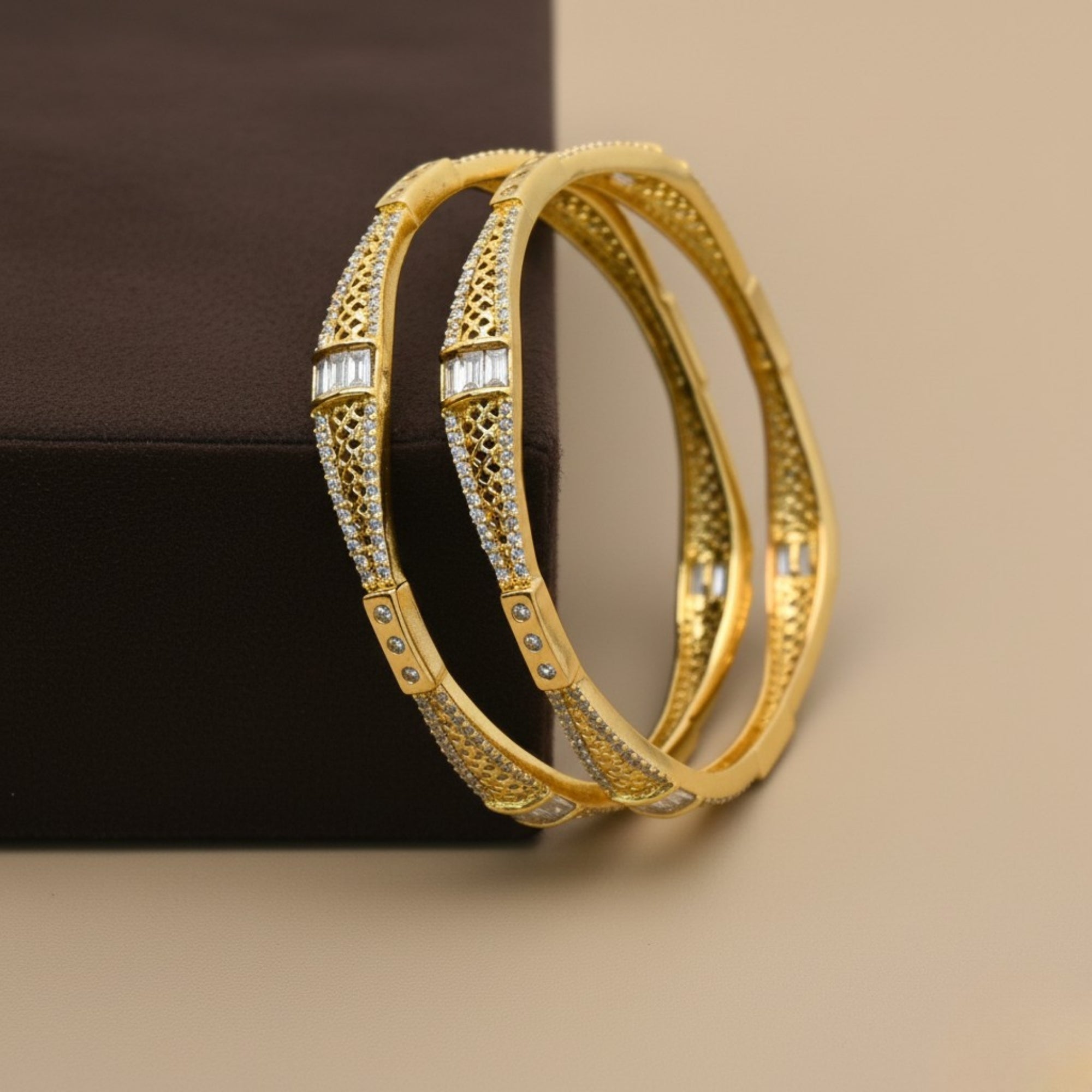 Zyara Baguette Weave CZ Silver 925 Bangle Pair (Gold-Plated)