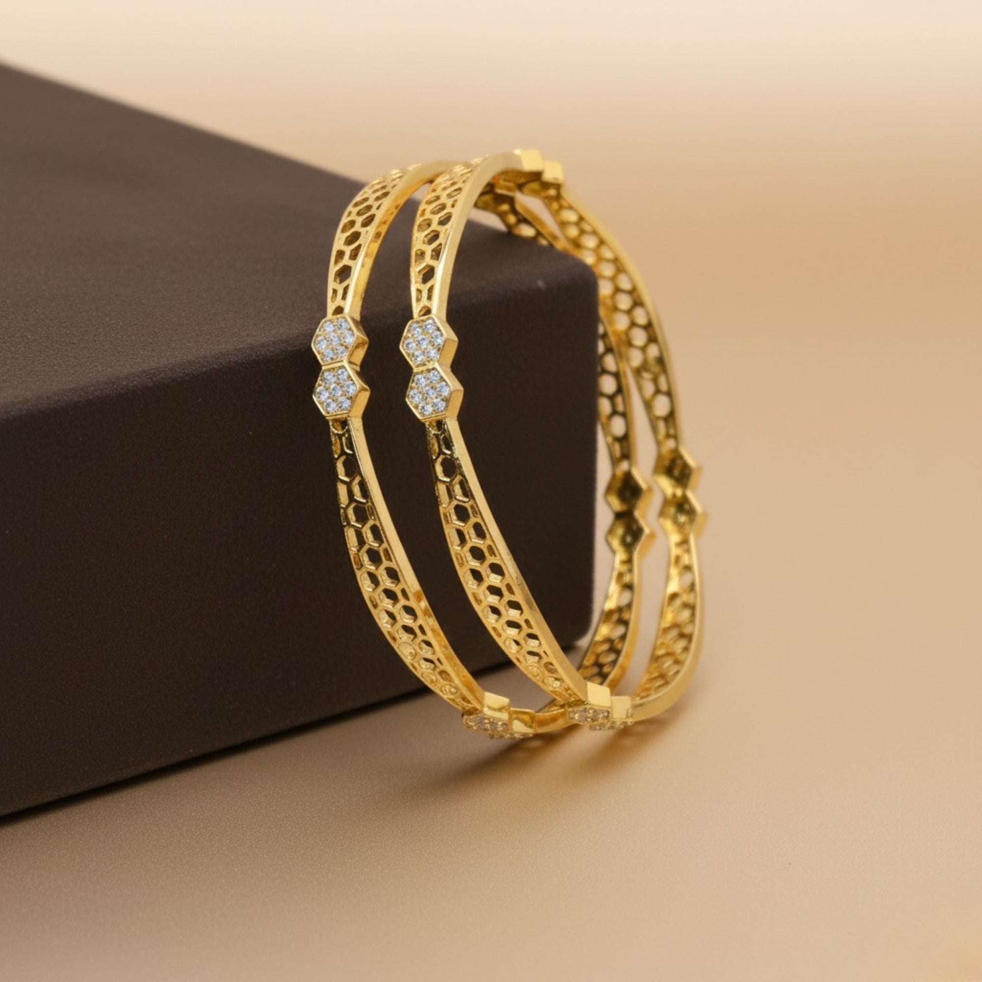 Keyara Honeycomb CZ Silver 925 Bangle Pair (Gold-Plated)