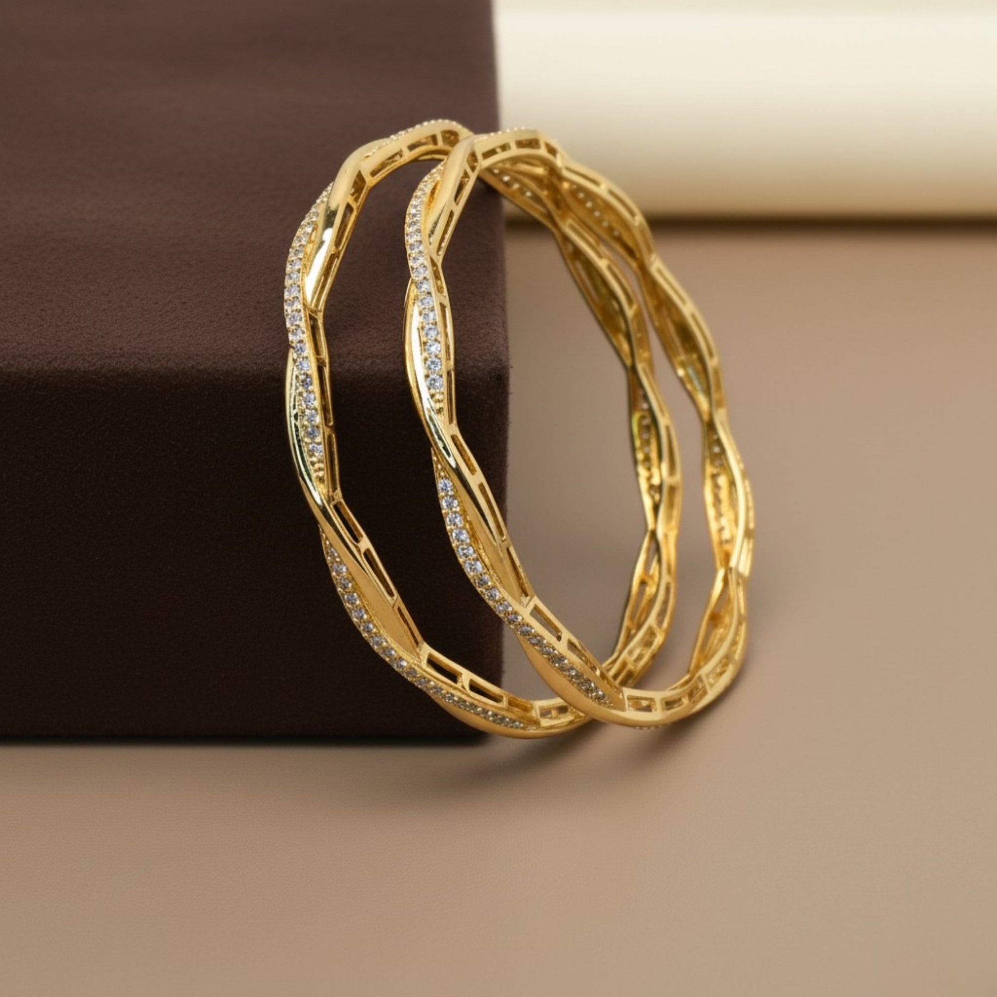 Elara Twisted-Frame CZ Silver 925 Bangle Pair (Gold-Plated)