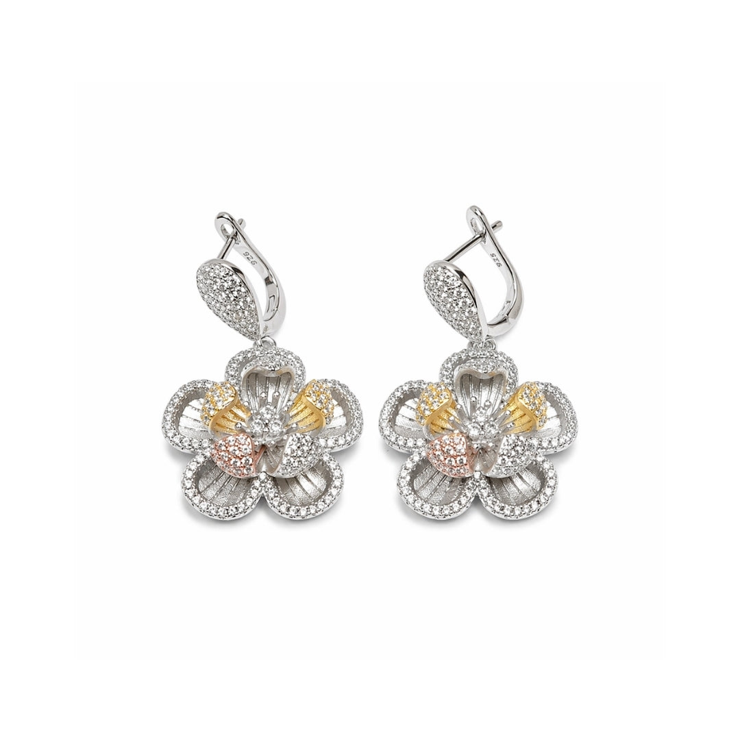 Triple Tone Crystal Bloom Silver 925 Earrings