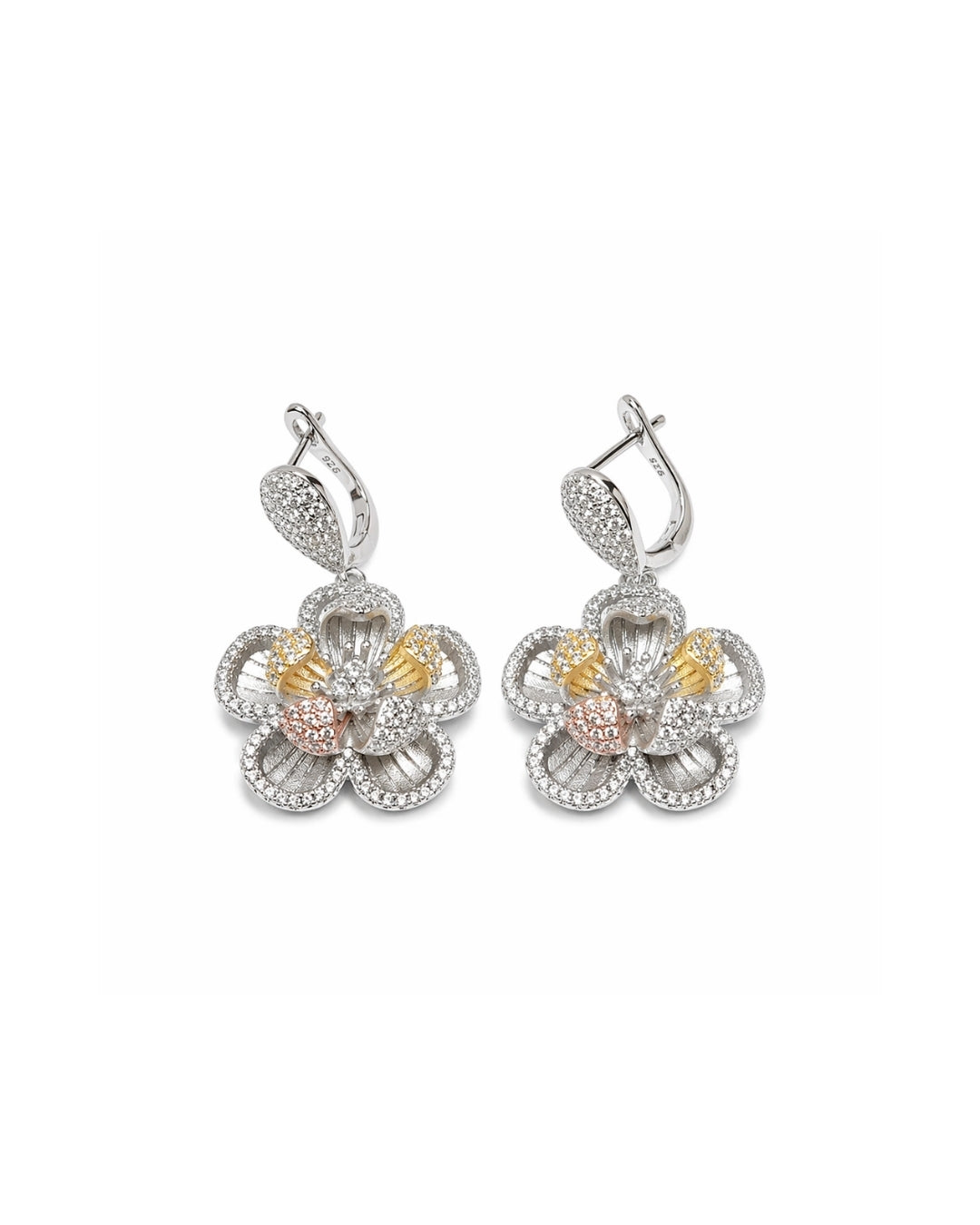 Dual Tone Crystal Bloom Silver 925 Earrings