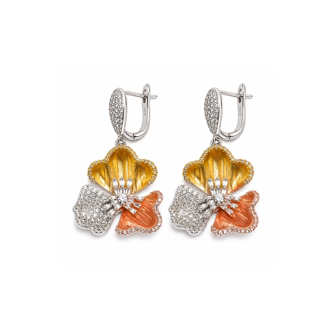 Triple Tone Tri-Petal Blossom Silver 925 Earrings