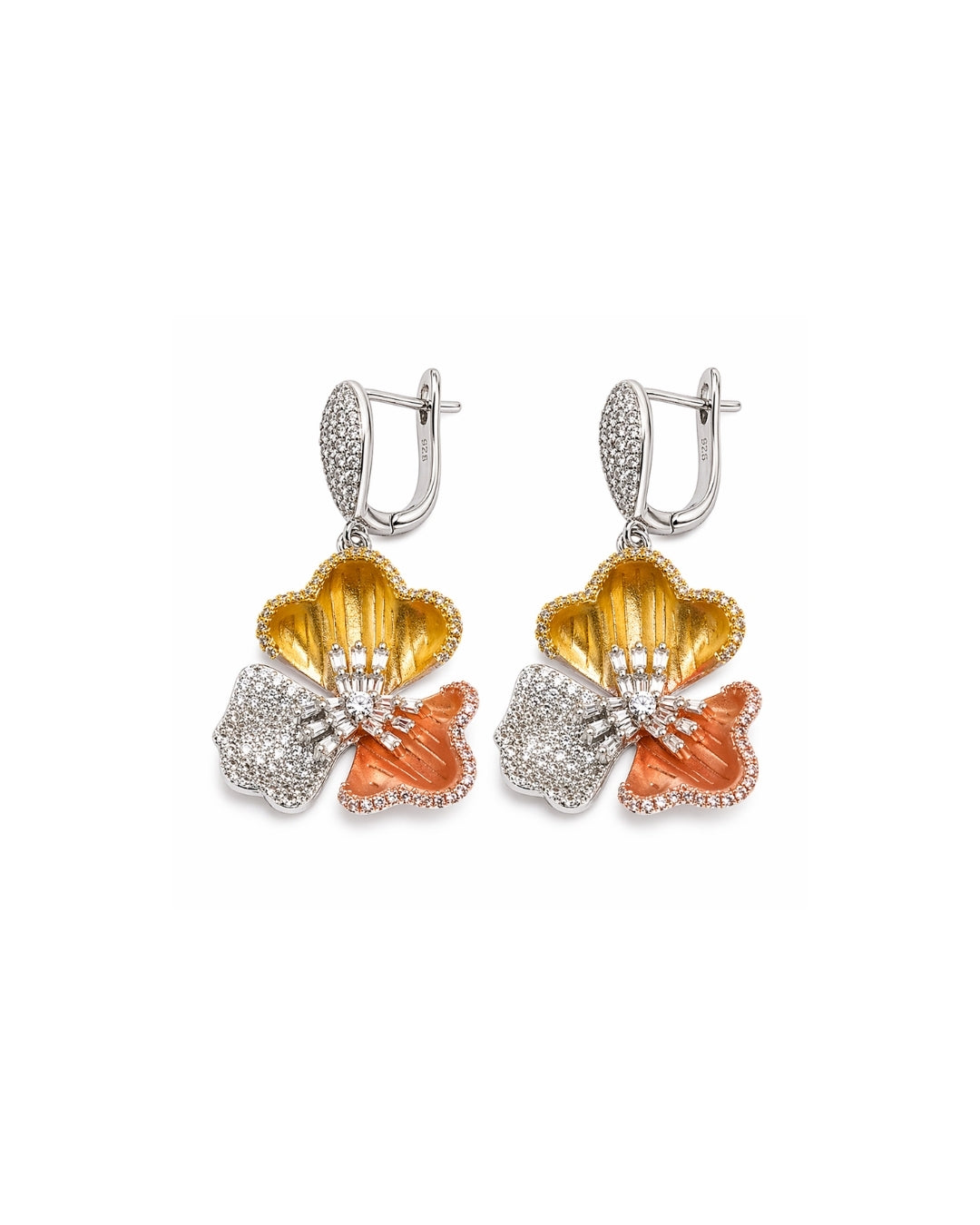 Dual Tone Tri-Petal Blossom Silver 925 Earrings
