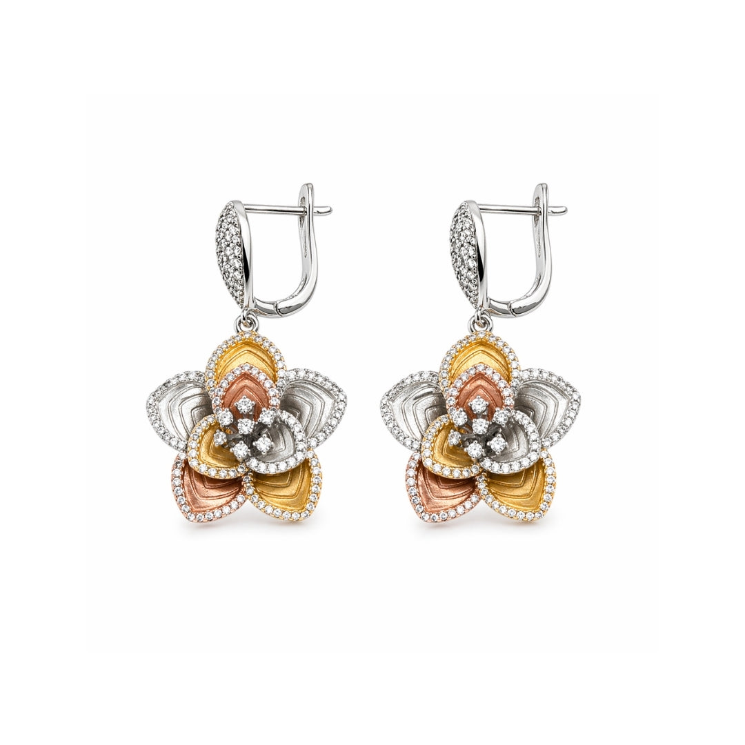 Dual Tone Layered Blossom Silver 925 Earrings