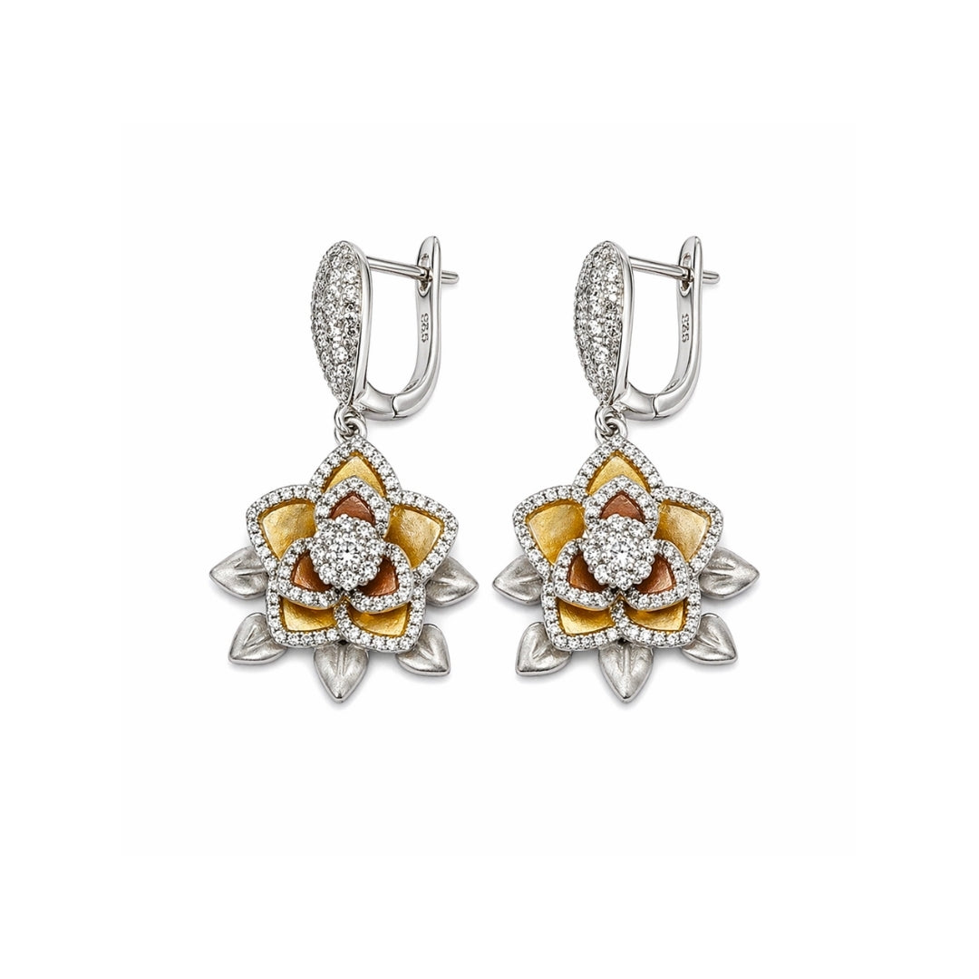 Dual Tone Layered Lotus Silver 925 Earrings