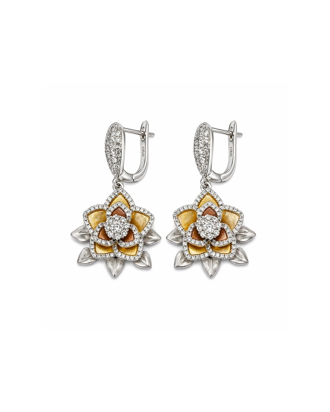 Dual Tone Layered Lotus Silver 925 Earrings