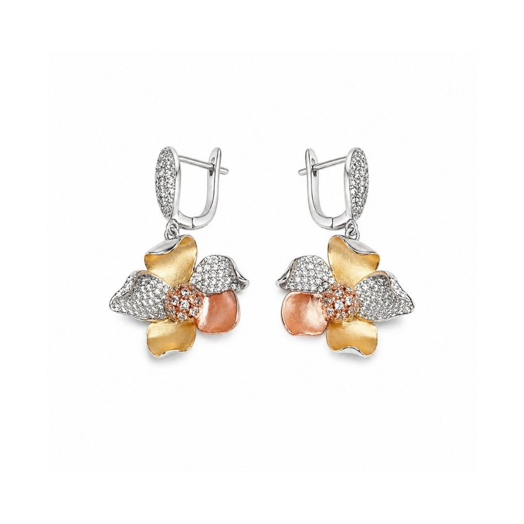 Dual Tone Sculpted Blossom Silver 925 Earrings