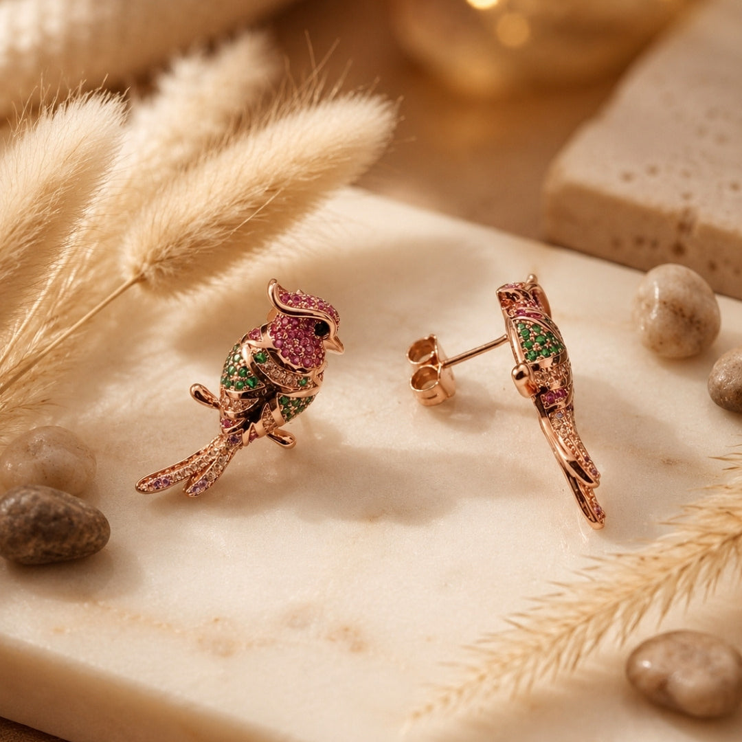 Tropical Bird Rose Gold Silver 925 Earrings