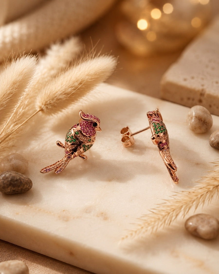 Tropical Bird Rose Gold Silver 925 Earrings