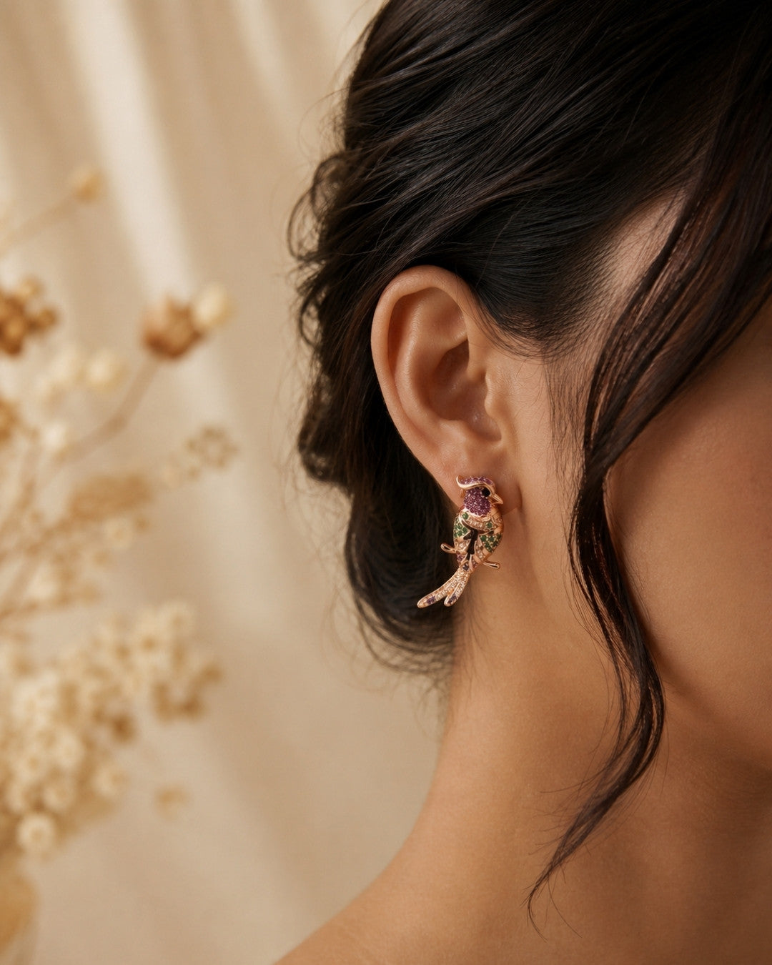 Tropical Bird Rose Gold Silver 925 Earrings