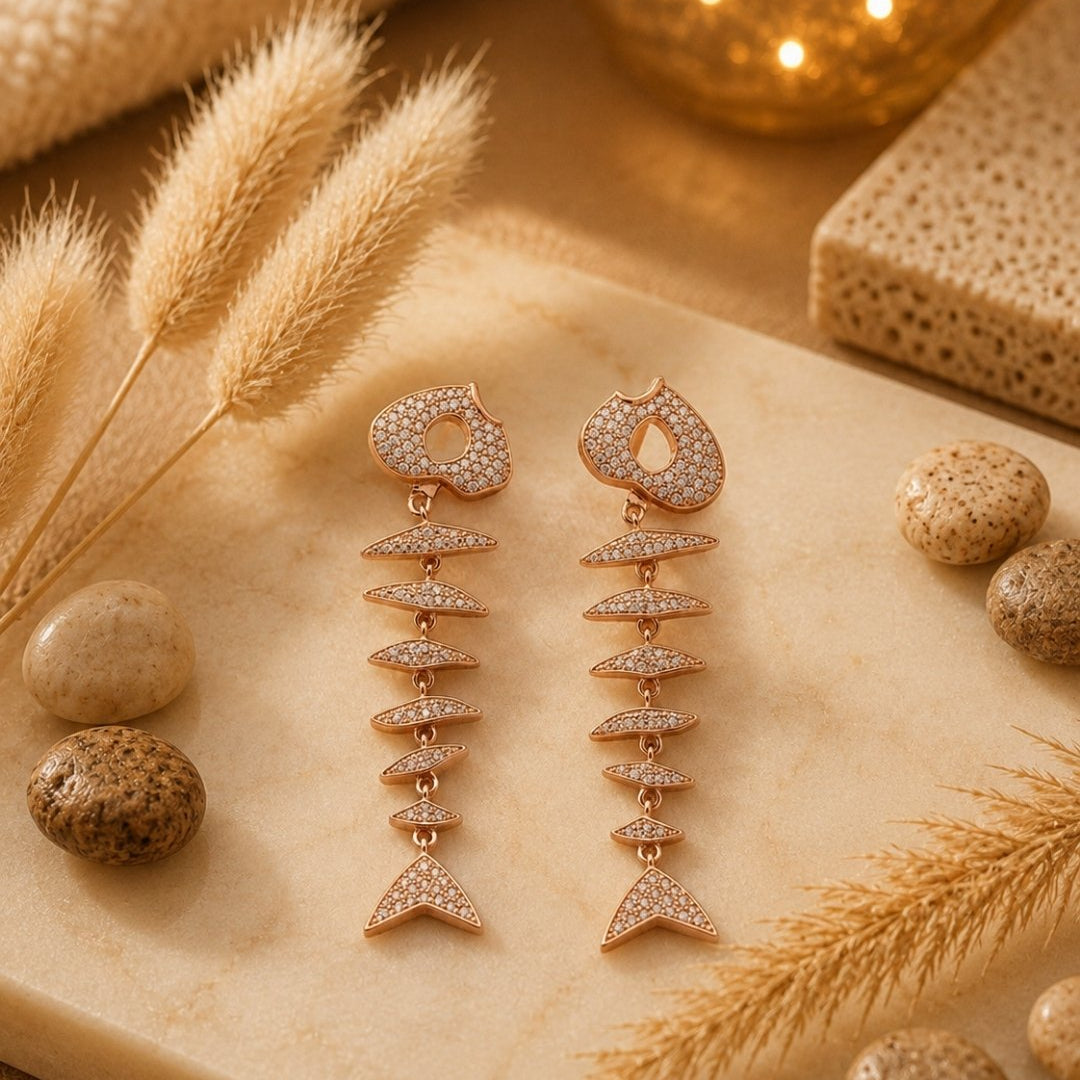Crystal Fishbone Rose Gold Silver 925 Earrings
