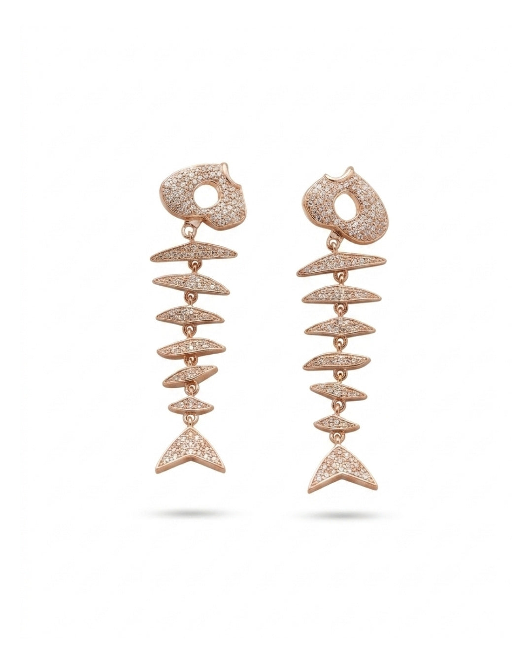 A pair of rose gold fish skeleton silver 925 drop earrings with pavé-set clear stones, shown against a plain white background.