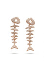 A pair of rose gold fish skeleton silver 925 drop earrings with pavé-set clear stones, shown against a plain white background.