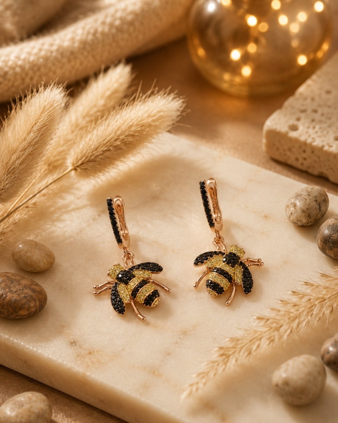 Striped Bee Rose Gold Silver 925 Earrings