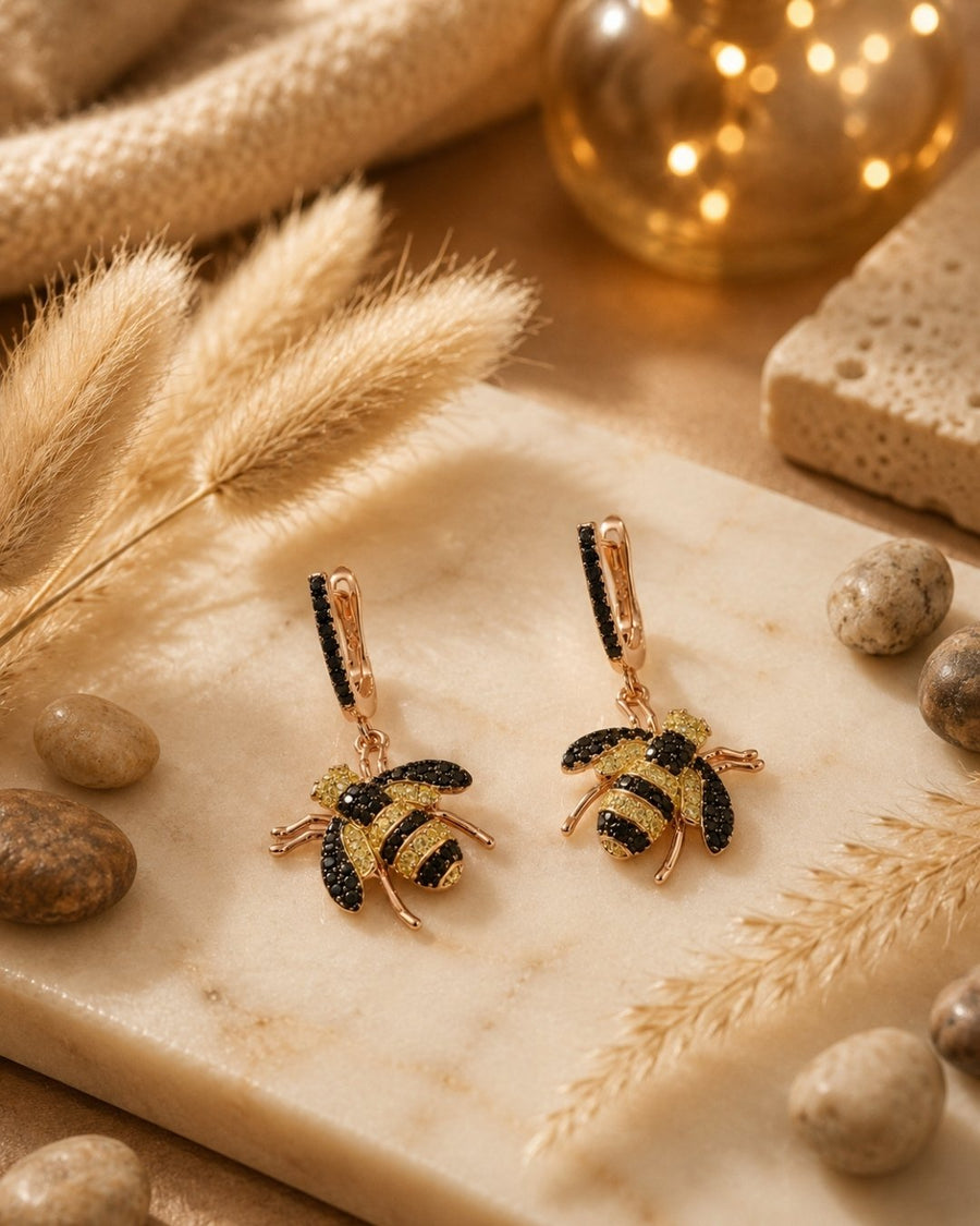 Striped Bee Rose Gold Silver 925 Earrings