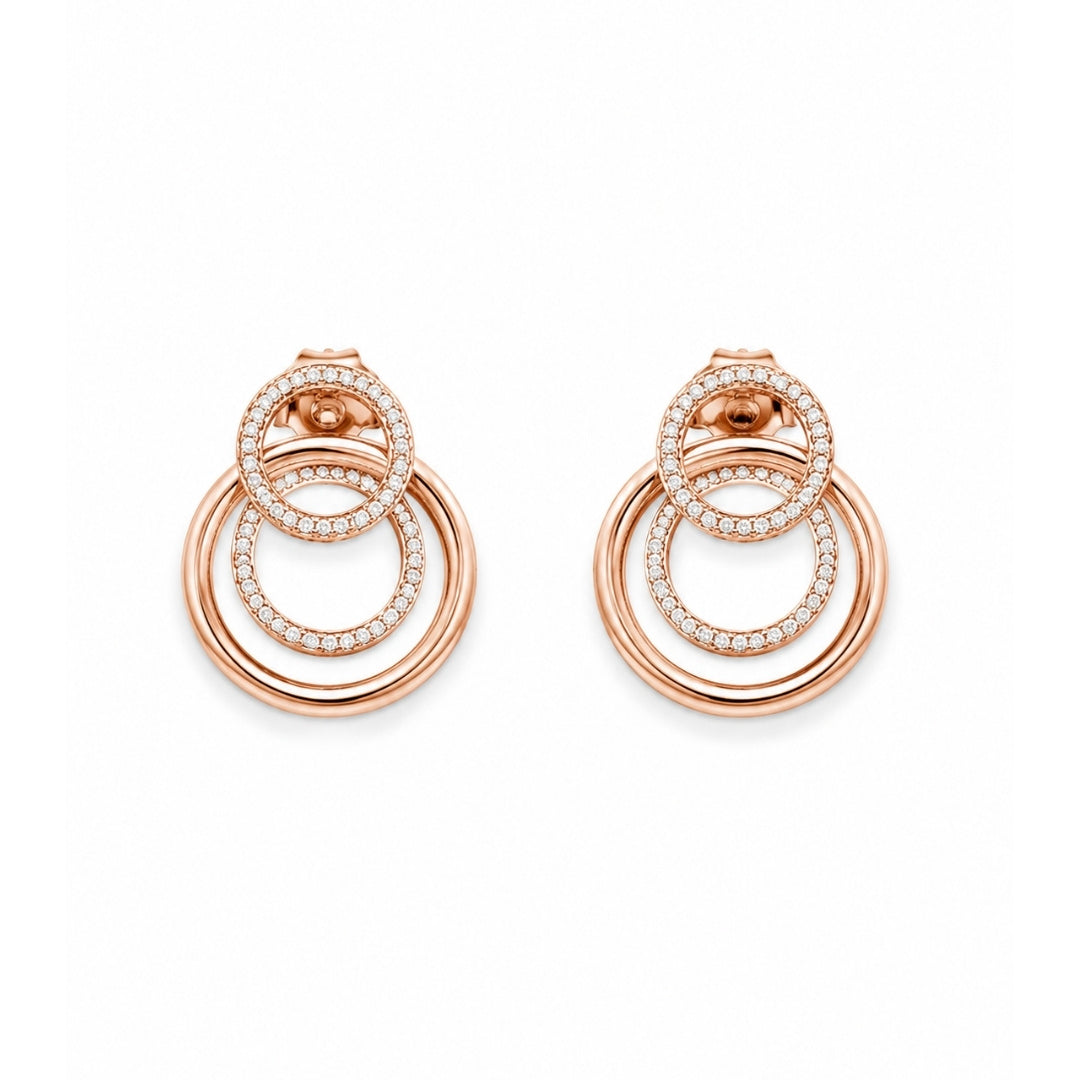 A pair of rose gold double-ring silver 925 drop earrings with pavé crystal accents, shown on a clean white background.
