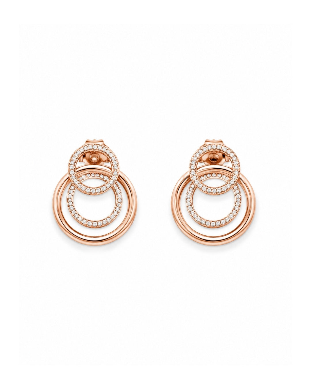A pair of rose gold double-ring silver 925 drop earrings with pavé crystal accents, shown on a clean white background.