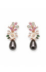 A pair of floral drop silver 925 earrings featuring white mother-of-pearl flowers, pink and green gemstone accents, rose gold metal, and a dangling dark gray teardrop pearl at the bottom, set against a plain white background.
