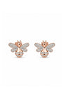 A pair of rose gold silver 925 bee stud earrings adorned with pavé-set clear crystals, displayed against a clean white background.
