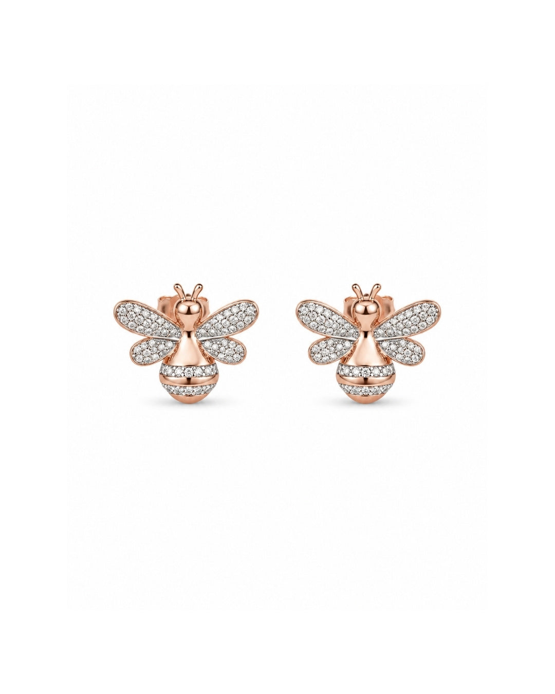 A pair of rose gold silver 925 bee stud earrings adorned with pavé-set clear crystals, displayed against a clean white background.