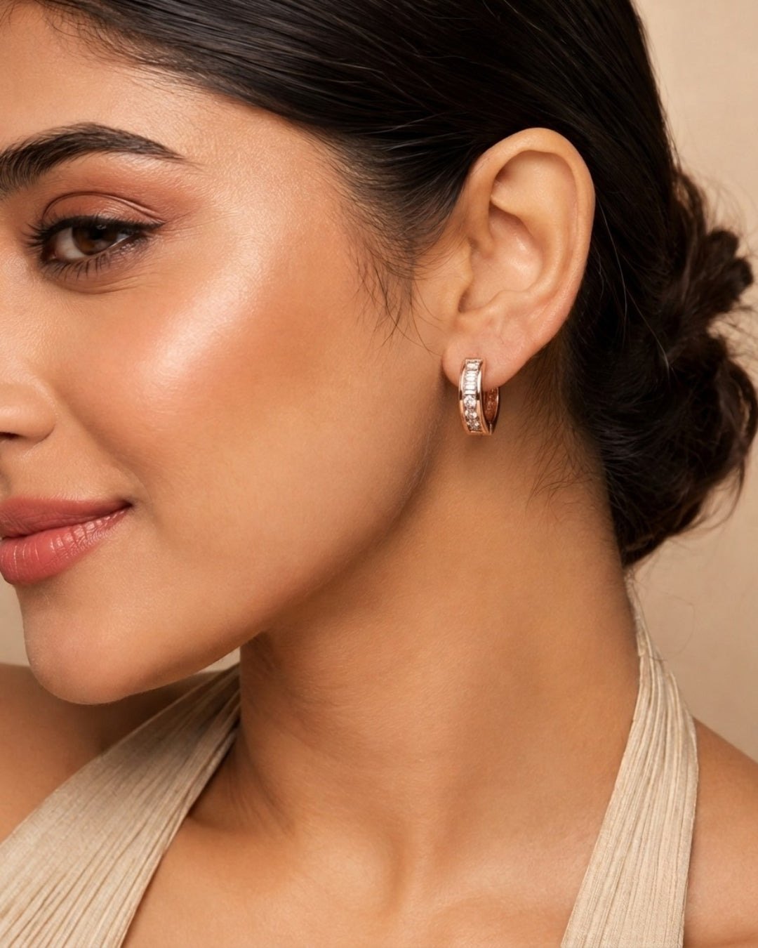 Baguette Line Hoops 925 Silver Rose Gold Earrings