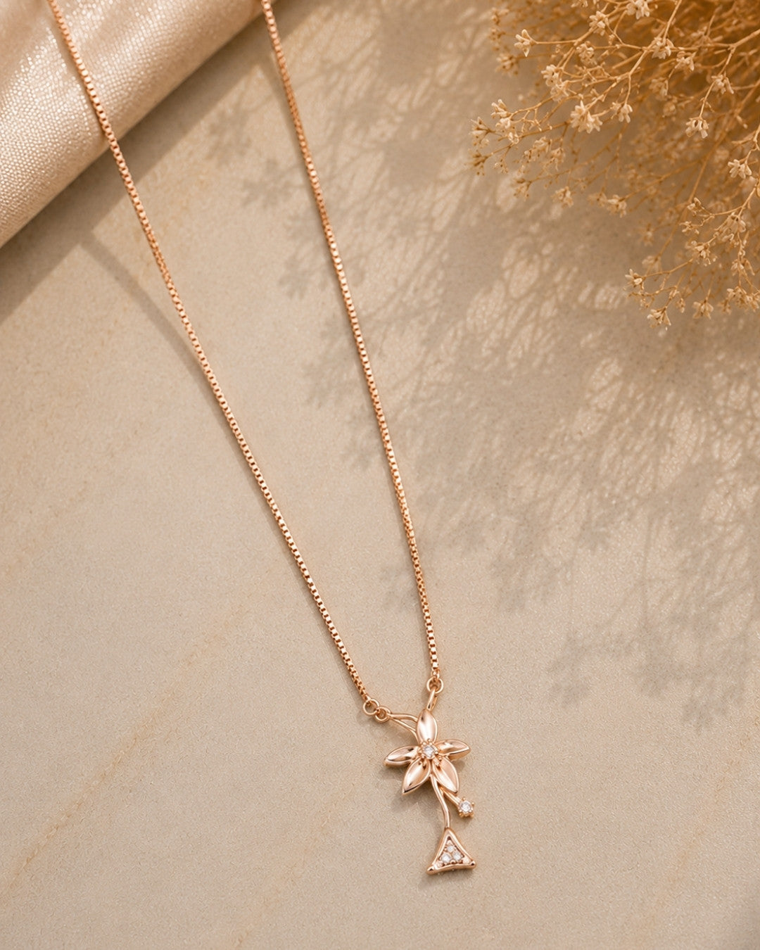 Modern Botanical Drop Rose Gold Silver 925 Necklace