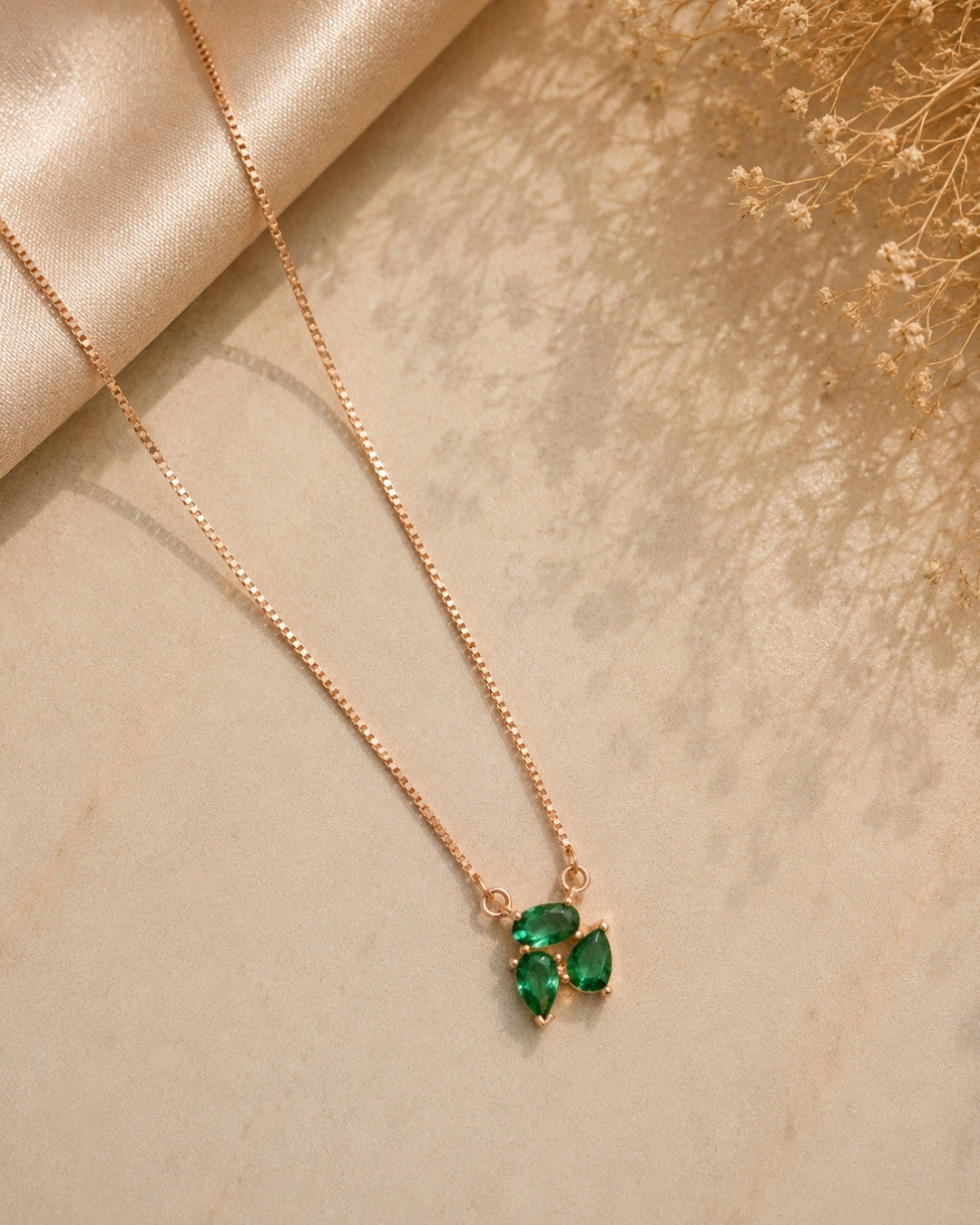 Emerald Trio Rose Gold Silver 925 Necklace