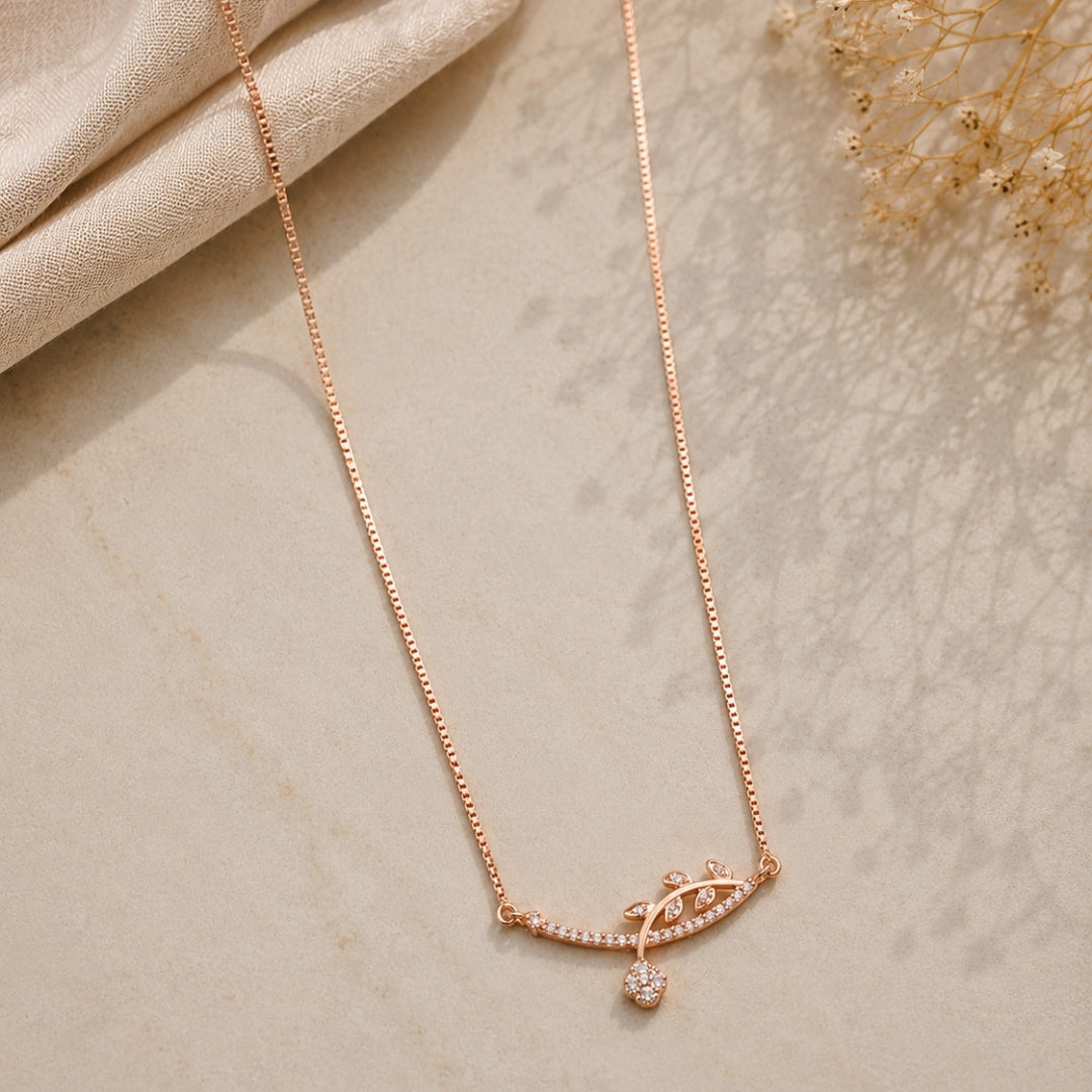Curved Vine Drop Rose Gold Silver 925 Necklace