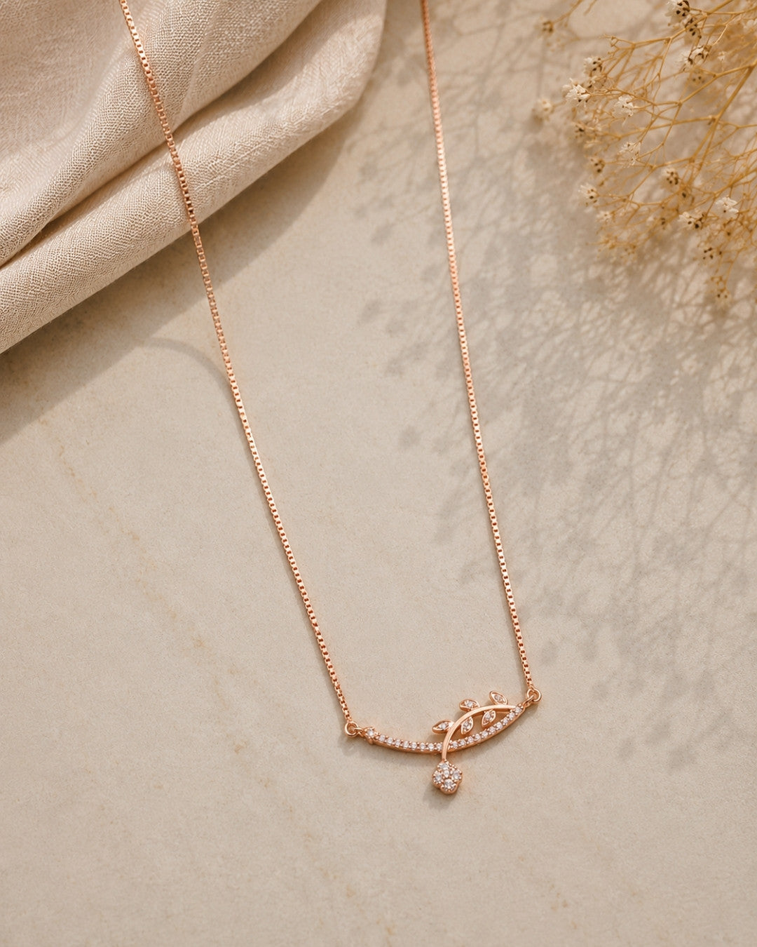 Curved Vine Drop Rose Gold Silver 925 Necklace