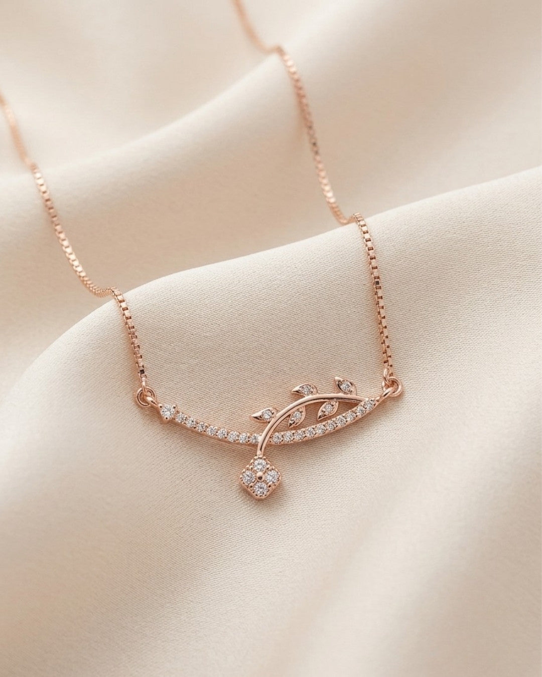 Curved Vine Drop Rose Gold Silver 925 Necklace