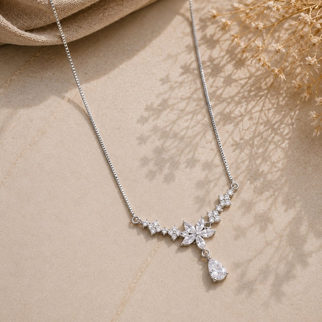 Radiant Floral Drop Silver 925 Necklace