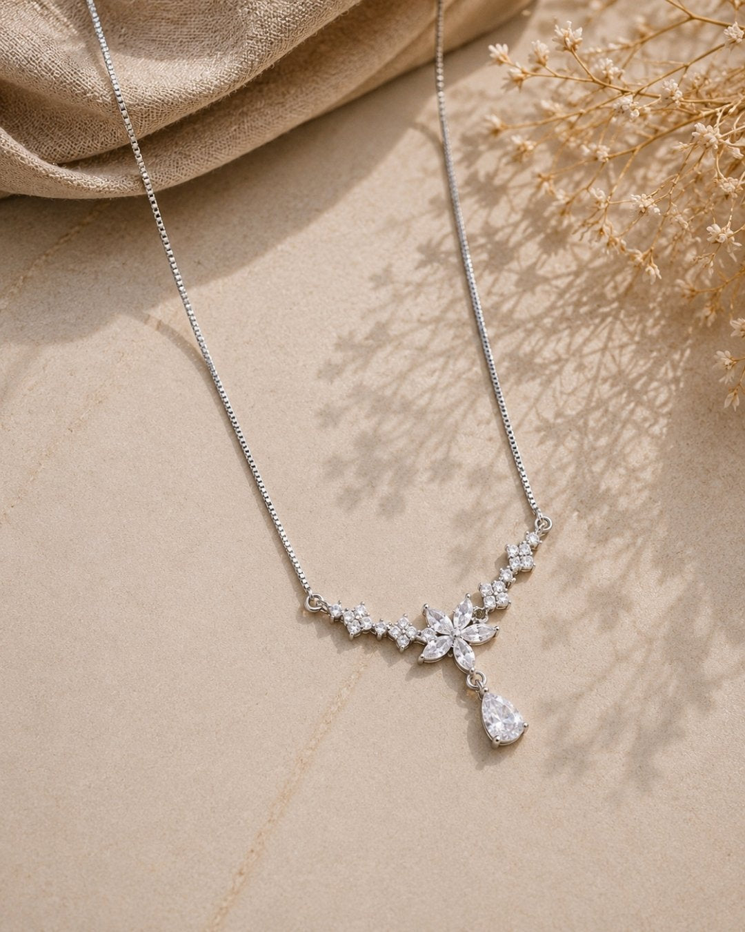 Radiant Floral Drop Silver 925 Necklace