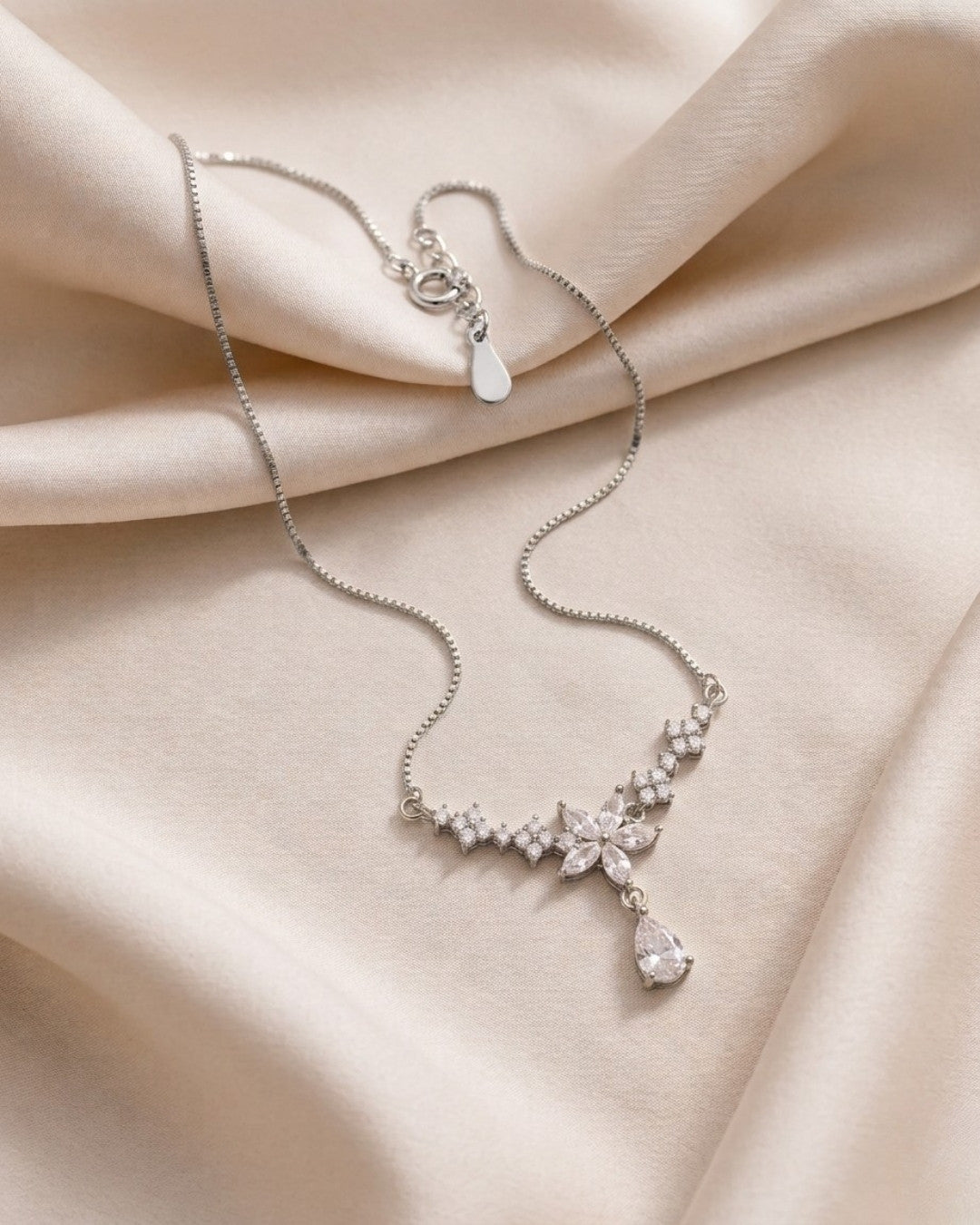 Radiant Floral Drop Silver 925 Necklace