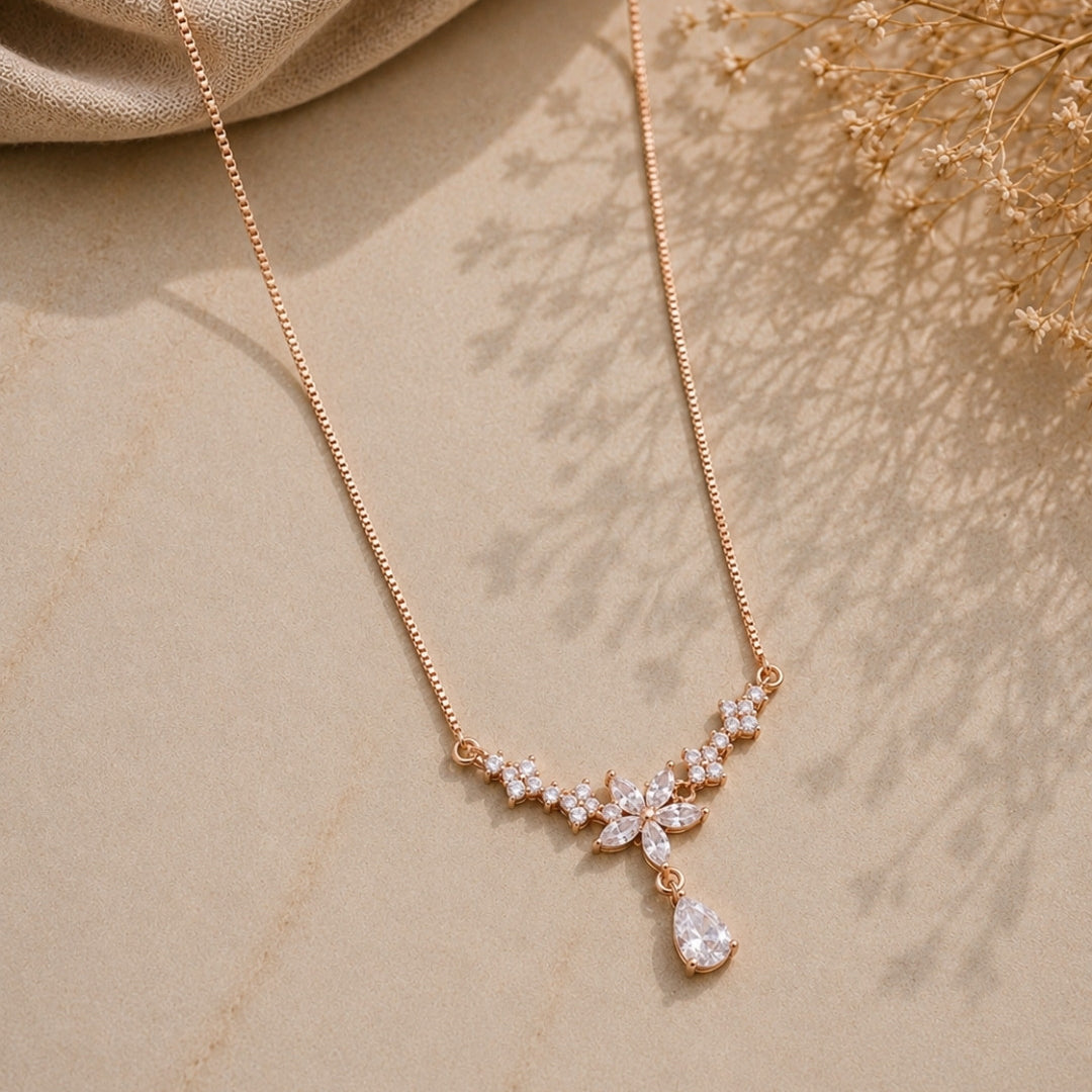 Radiant Floral Drop Rose Gold Silver 925 Necklace