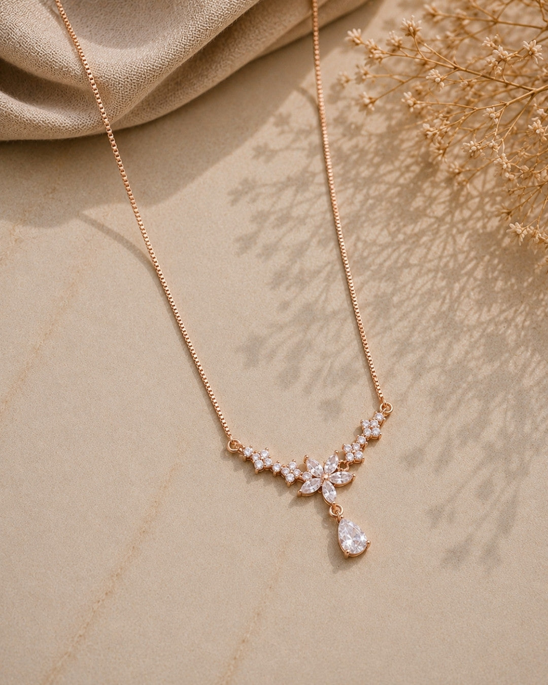 Radiant Floral Drop Rose Gold Silver 925 Necklace