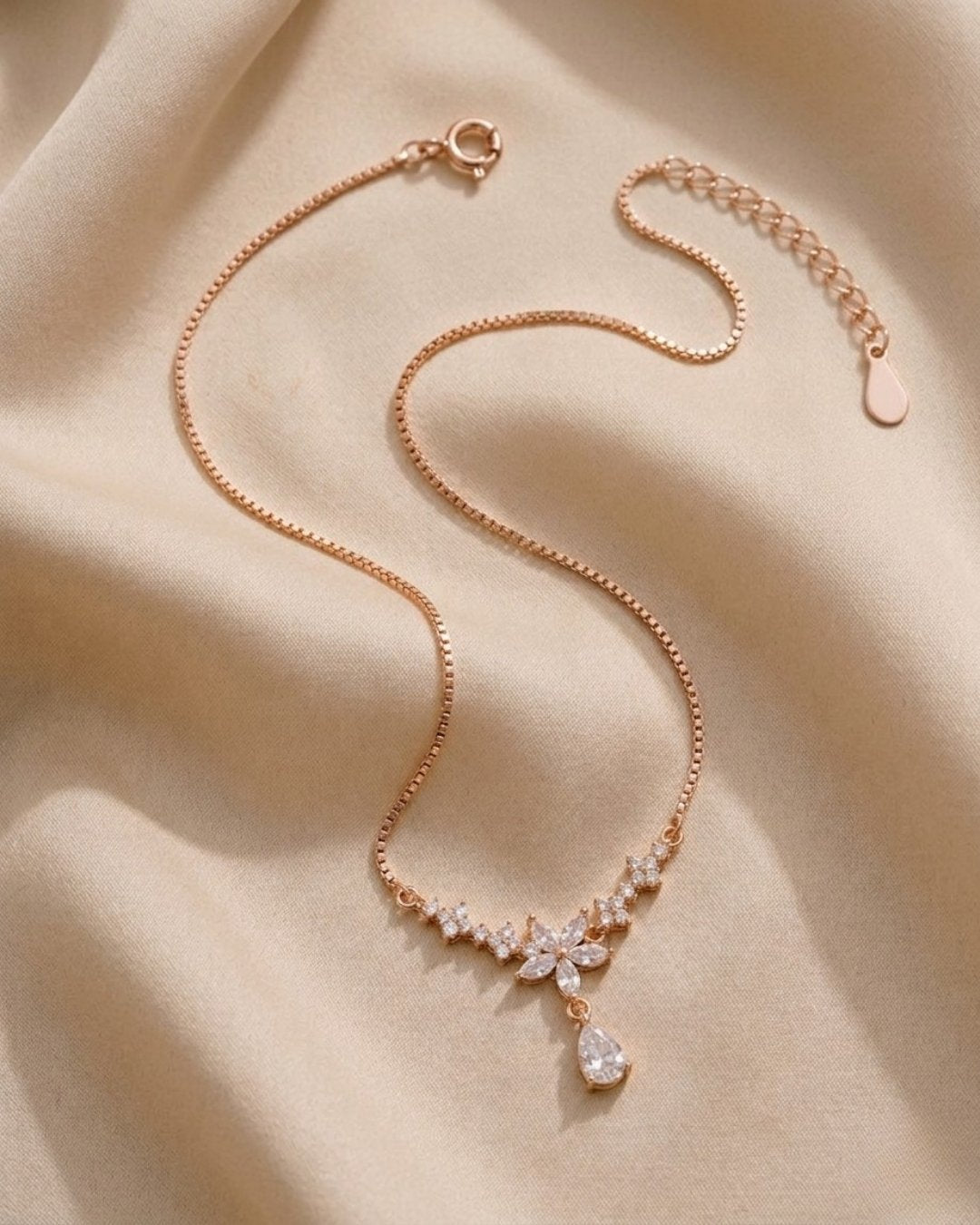 Radiant Floral Drop Rose Gold Silver 925 Necklace