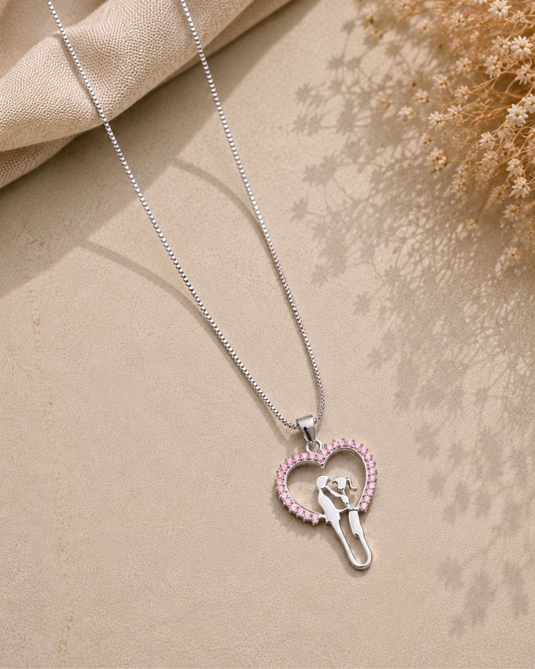 Romantic Couple Pink Heart Silver 925 Necklace