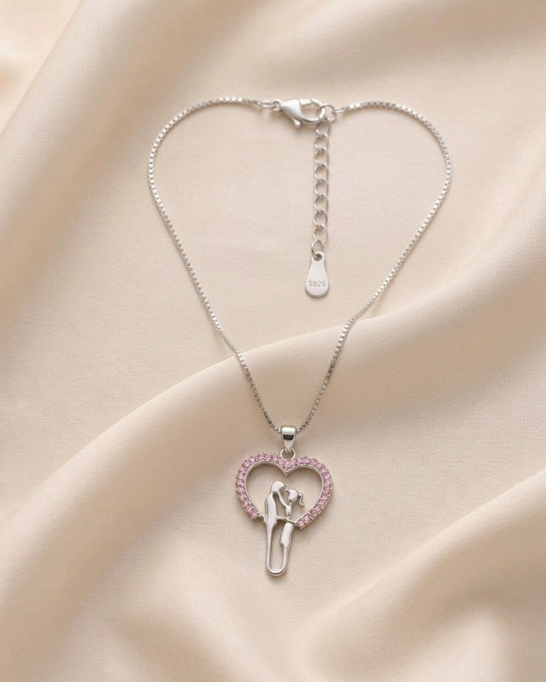 Romantic Couple Pink Heart Silver 925 Necklace