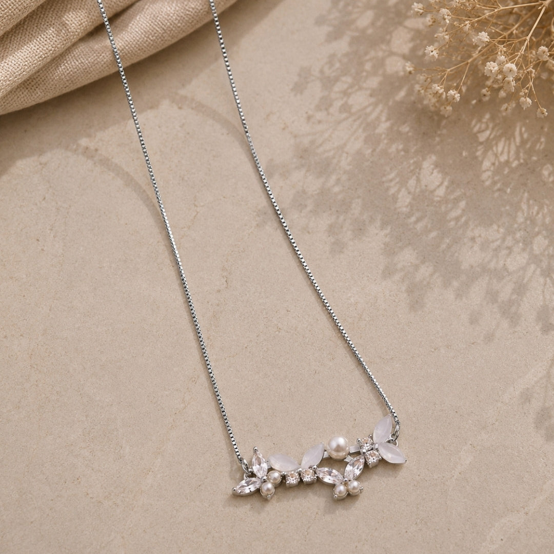 Pearl & Crystal Blossom Bar Silver 925 Necklace