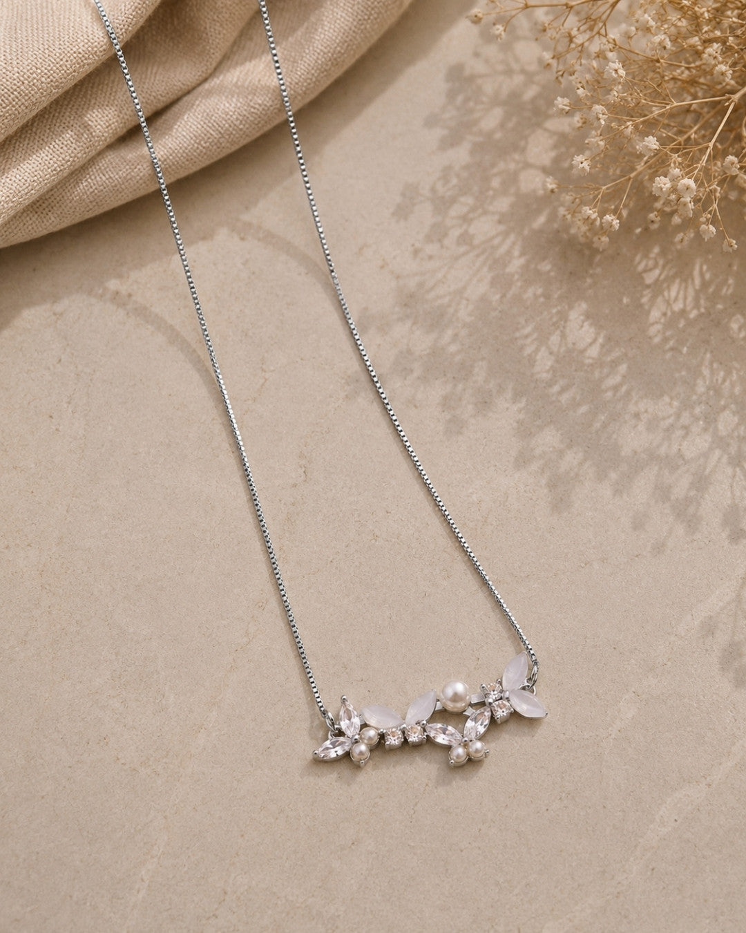 Pearl & Crystal Blossom Bar Silver 925 Necklace