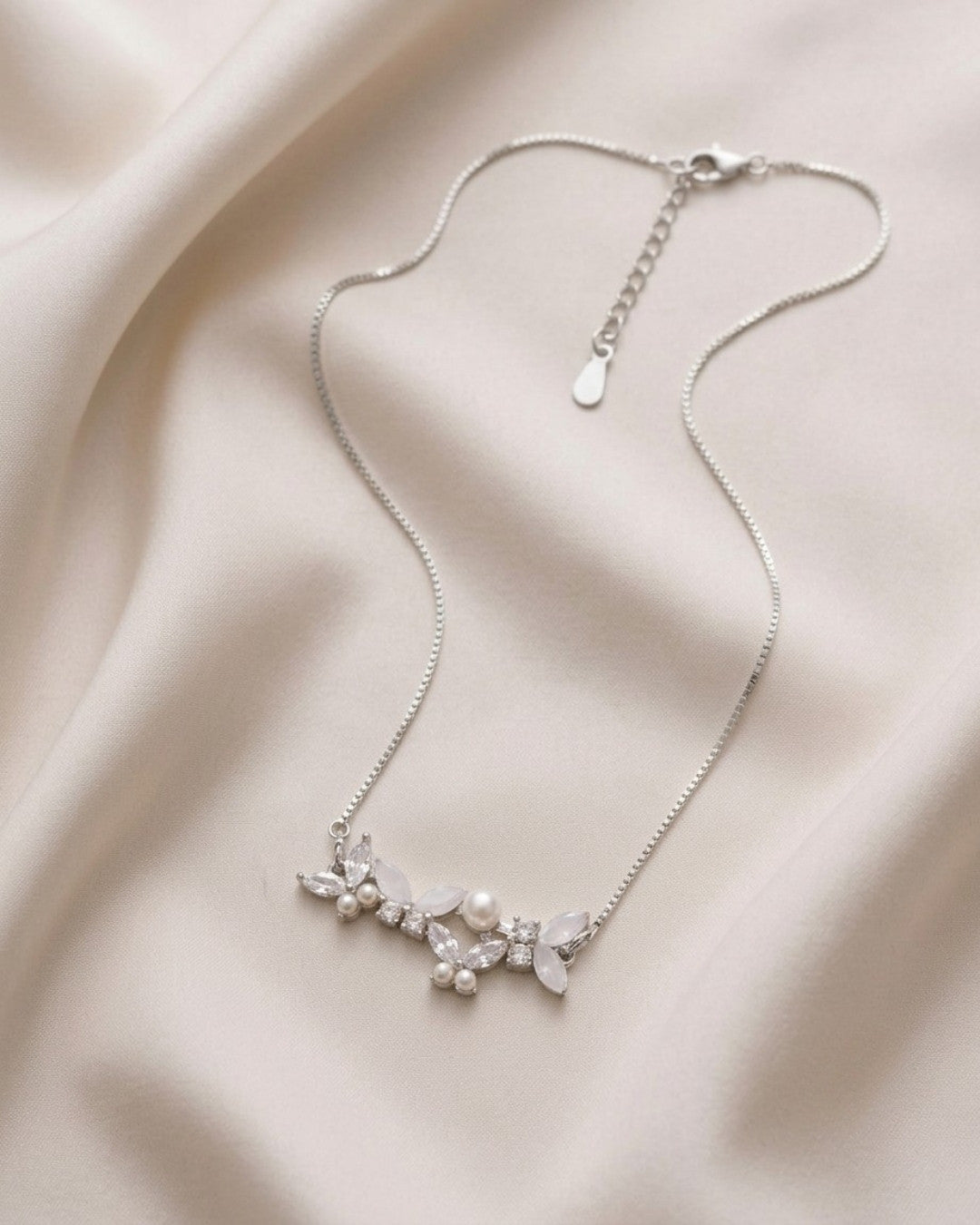 Pearl & Crystal Blossom Bar Silver 925 Necklace