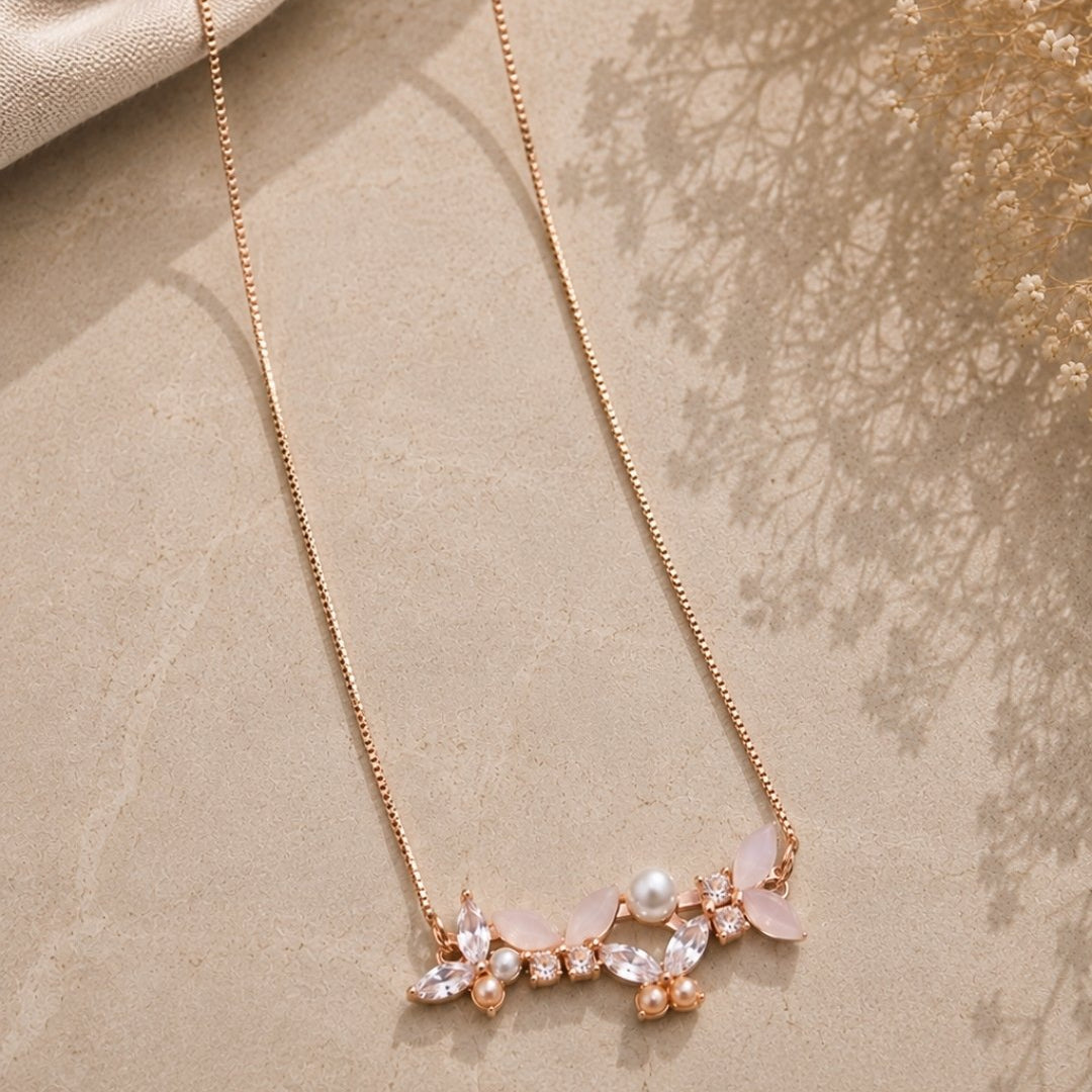 Pearl & Crystal Blossom Bar Rose Gold Silver 925 Necklace