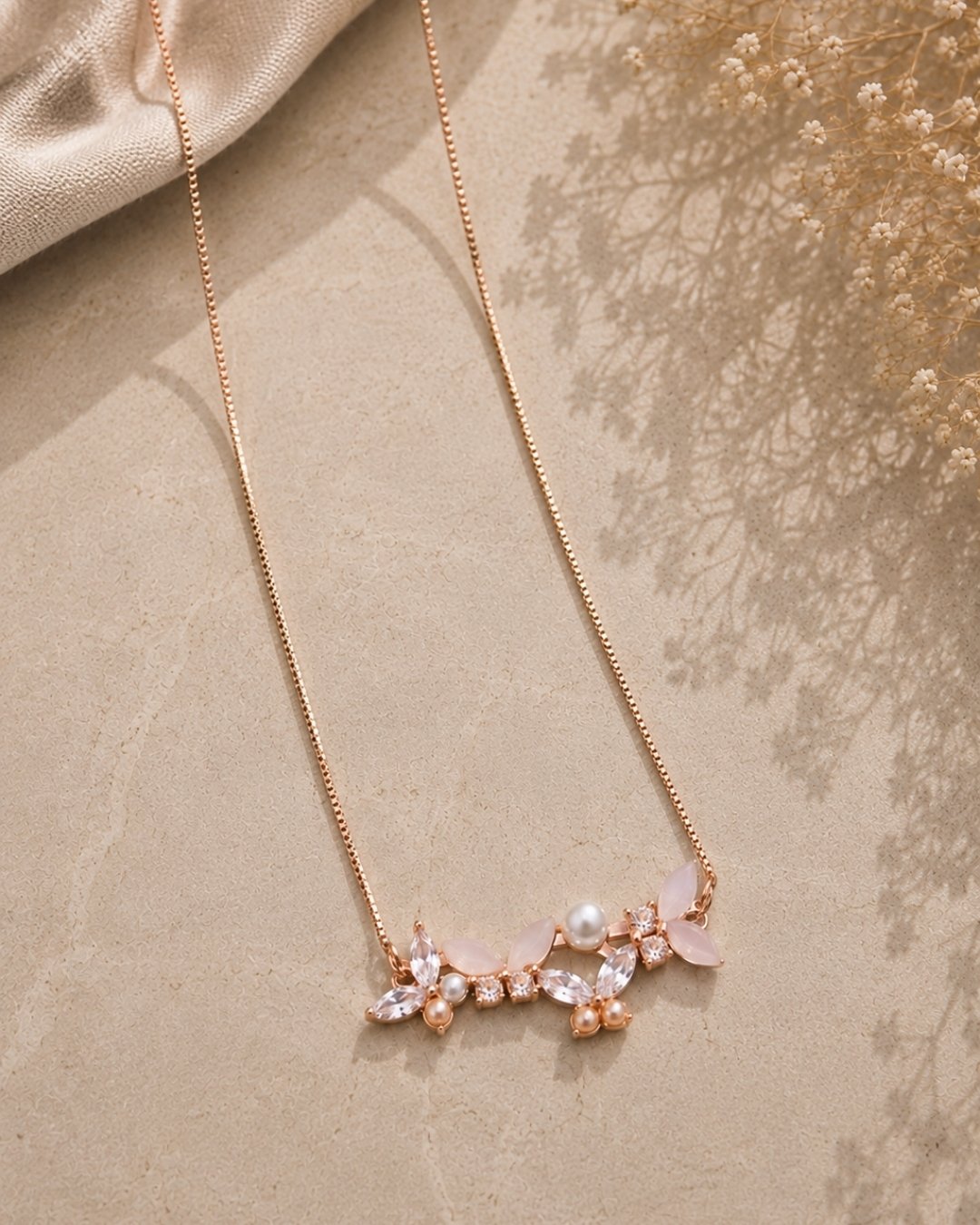 Pearl & Crystal Blossom Bar Rose Gold Silver 925 Necklace