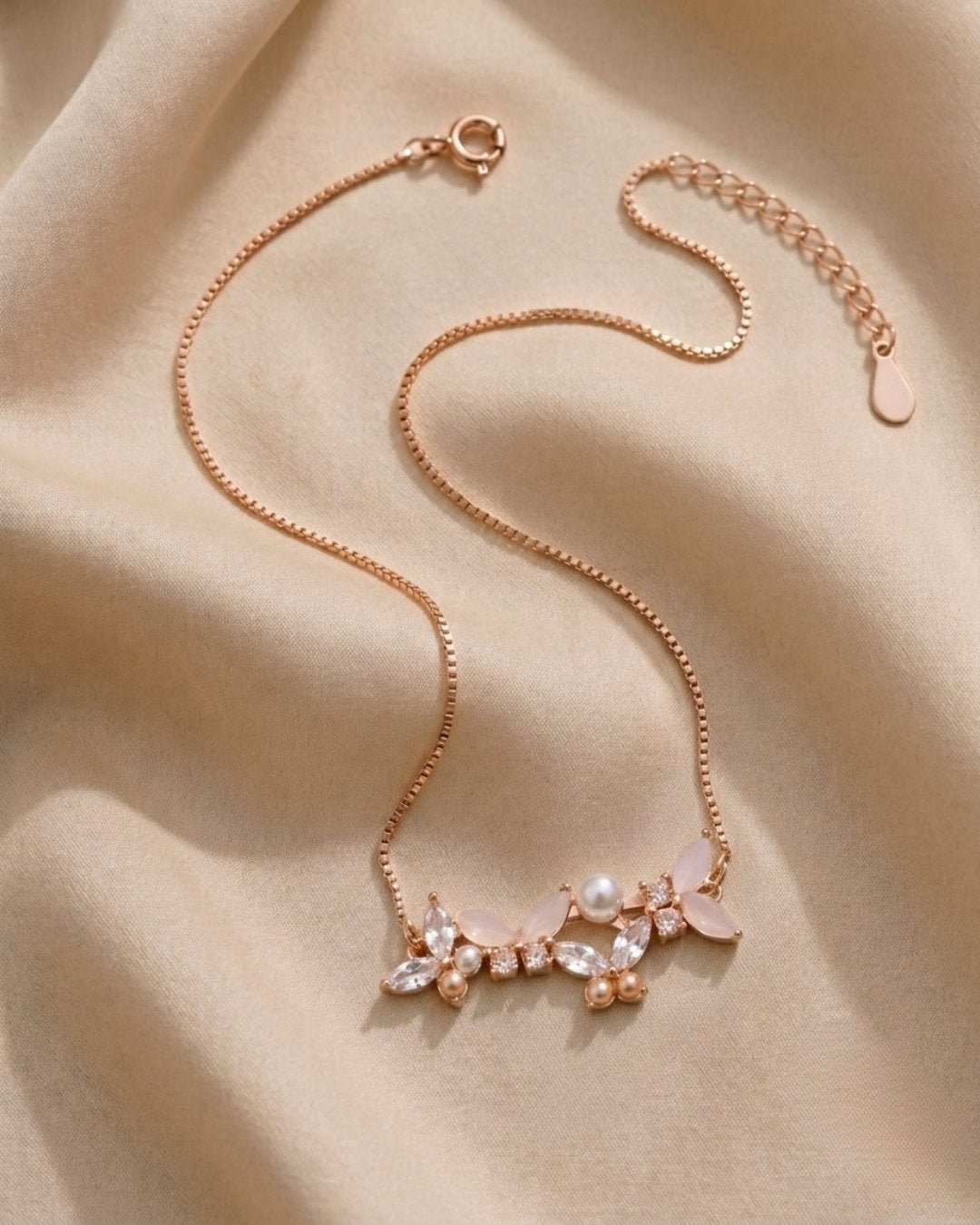 Pearl & Crystal Blossom Bar Rose Gold Silver 925 Necklace