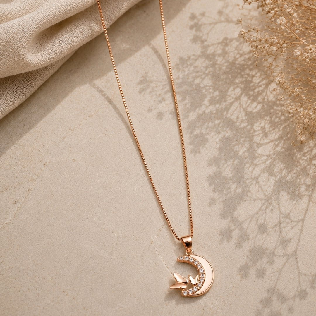 Celestial Butterfly Crescent Rose Gold Silver 925 Necklace