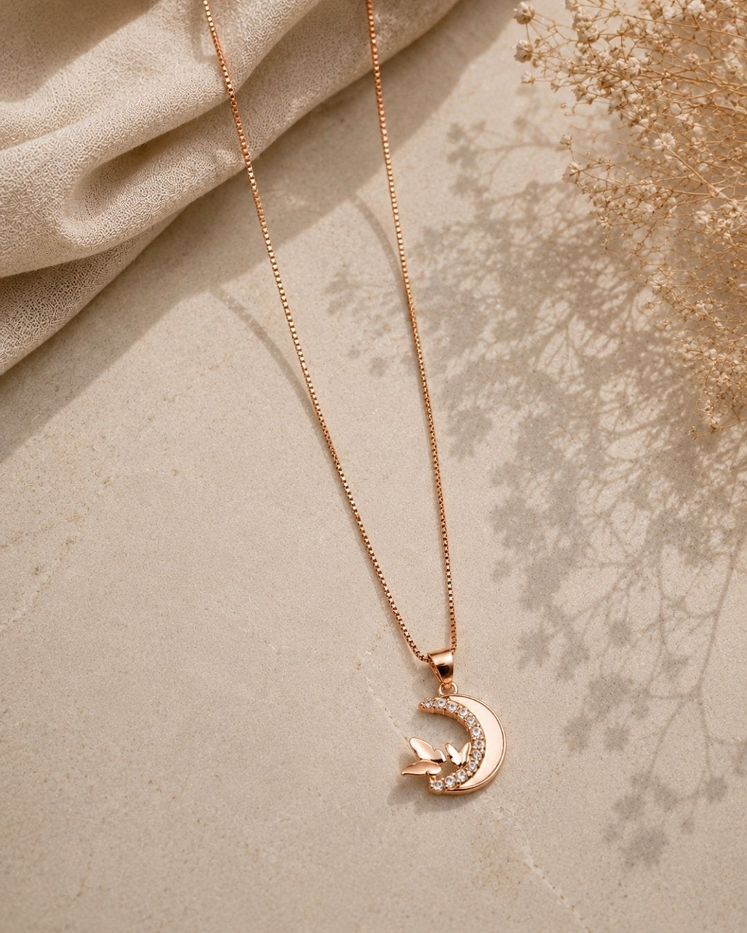 Celestial Butterfly Crescent Rose Gold Silver 925 Necklace