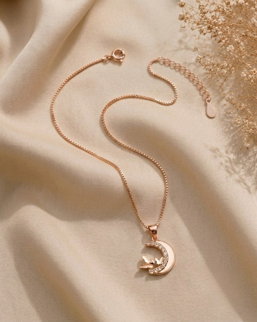Celestial Butterfly Crescent Rose Gold Silver 925 Necklace